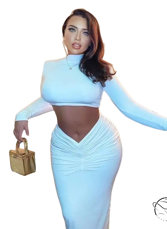 Woman in Yara sexy summer long sleeve ruched high neck top and maxi skirt set