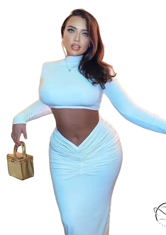 Woman in Yara sexy summer long sleeve ruched high neck top and maxi skirt set