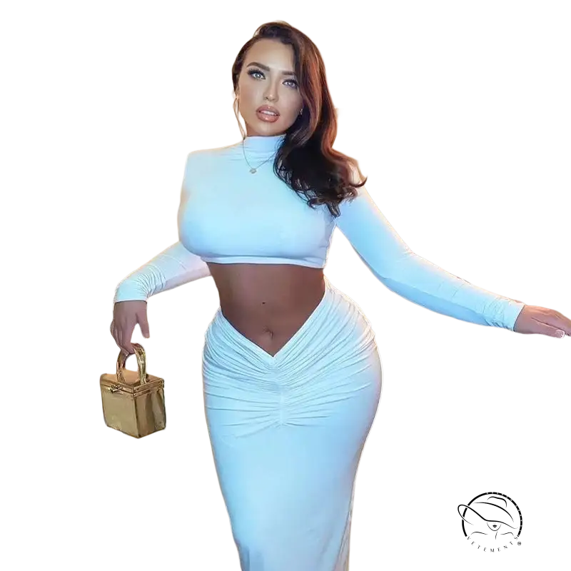 Woman in Yara sexy summer long sleeve ruched high neck top and maxi skirt set