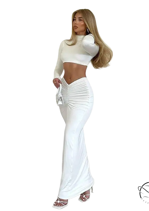 Yara sexy summer long sleeve ruched high neck top and maxi skirt set