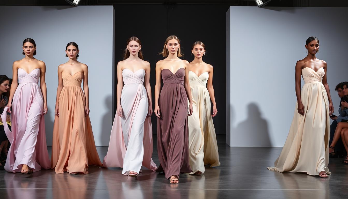 Soft & Lovely Evening Dress Styles 2025 showcasing draped silhouettes and flowing fabrics on runway models
