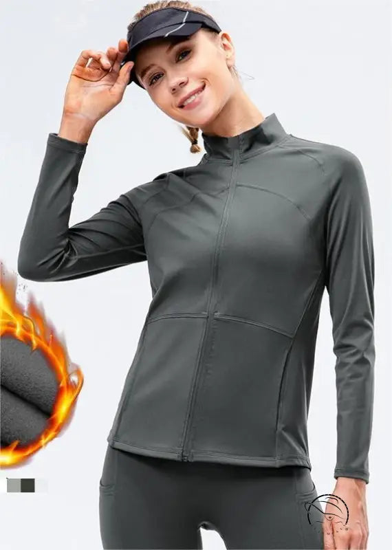 Autumn Winter Fleece Lined Nylon Yoga Clothes Fitness Jacket Women Zipper Stretch Running Sport Long Sleeve