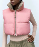 Pink cropped puffer vest in street double sided cotton padded design