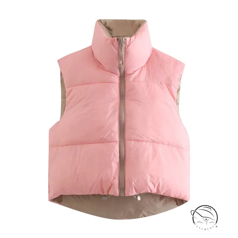 Pink puffer vest with high collar in street double sided cotton padded design
