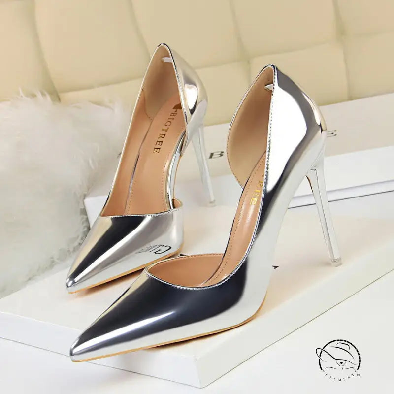 Silver simple stiletto heel metal pumps with pointed toes
