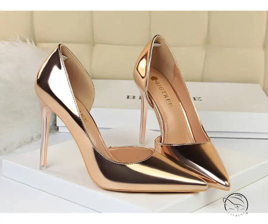 Rose gold simple stiletto heel metal pumps with pointed toes