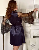 Beautiful long sleeve imitation ice silk robe with navy satin and lace sleeves