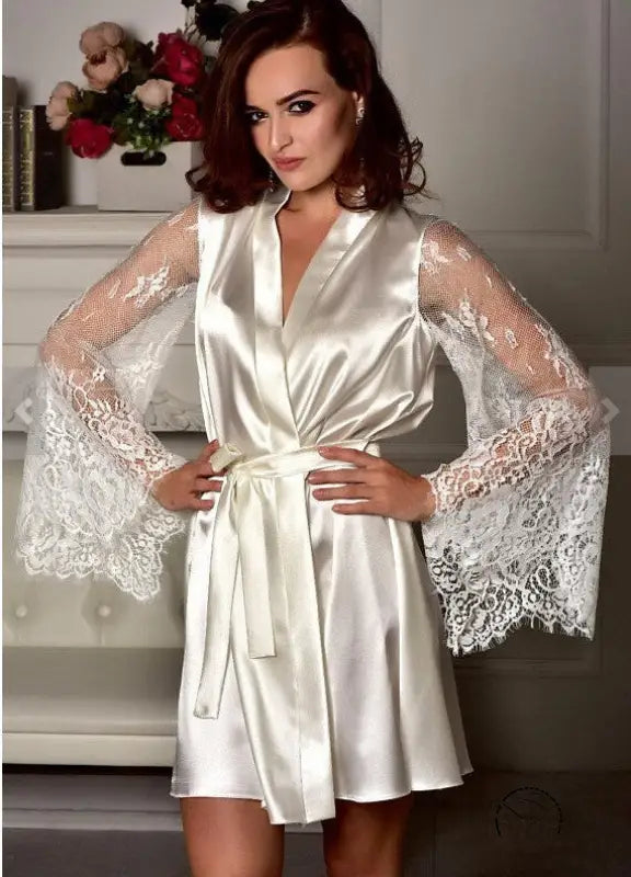 Beautiful long sleeve imitation ice silk robe with lace sleeves