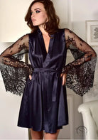 Beautiful long sleeve imitation ice silk robe with navy satin and lace sleeves