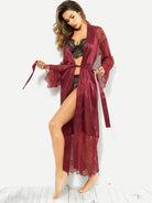 Maroon satin long sleeve nightgown with lace trim and belt