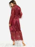 Elegant long sleeve hollow out satin lace nightgown in maroon with belt