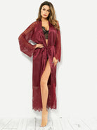 Luxurious long sleeve maroon satin robe with lace trim