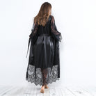 Black satin long sleeve nightgown with hollow out lace detailing