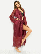 Maroon satin long sleeve nightgown with lace trim and belt