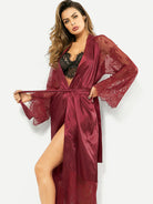 Luxurious maroon satin long sleeve nightgown with lace trim