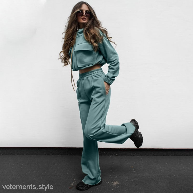 Teal tracksuit with cropped hoodie from elegant vetements suit collection