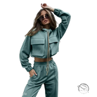 Teal two-piece elegant vetements suit with long sleeve top and casual trousers