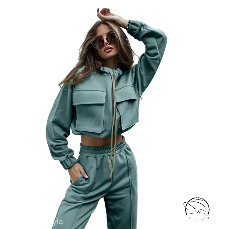 Teal two-piece elegant vetements suit with long sleeve top and casual trousers