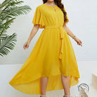 Elegant lace up mustard yellow high-low dress with free shipping
