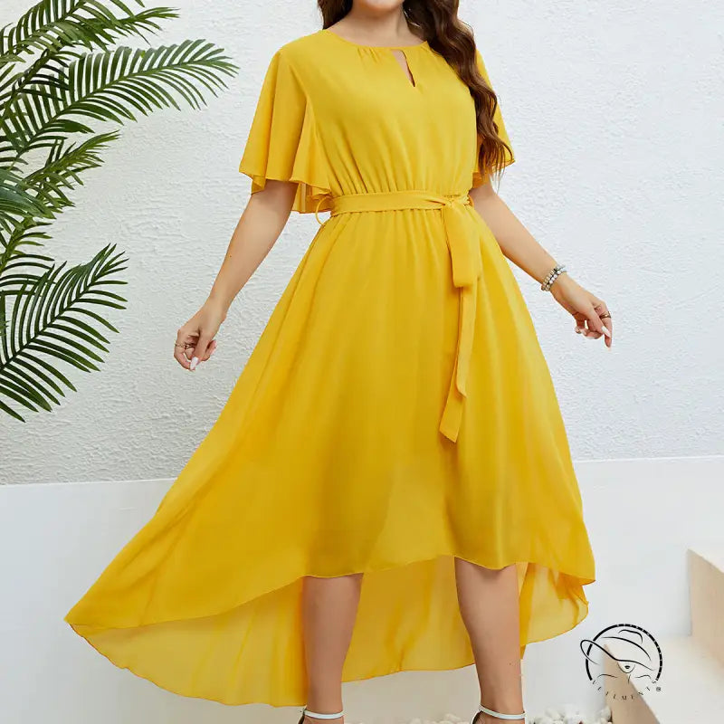Elegant lace up mustard yellow high-low dress with free shipping