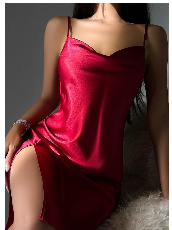 Shimmering crimson langry satin slip dress with high slit, mid length fashion nightdress