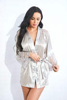Elegant silver satin robe with lace trim in cute mesh lingerie fashion
