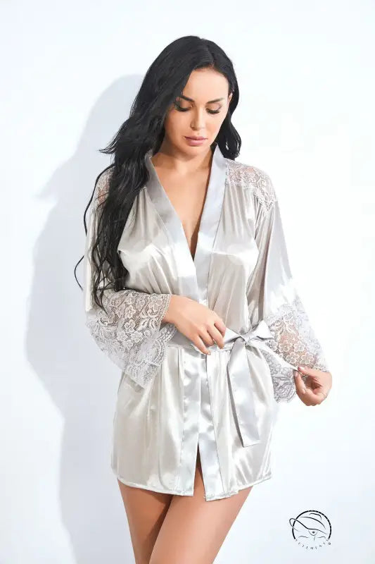 Elegant silver satin robe with lace trim in cute mesh lingerie fashion