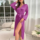 Vibrant purple langry fashion silk nightgown with flowing satin robe and self-tie belt