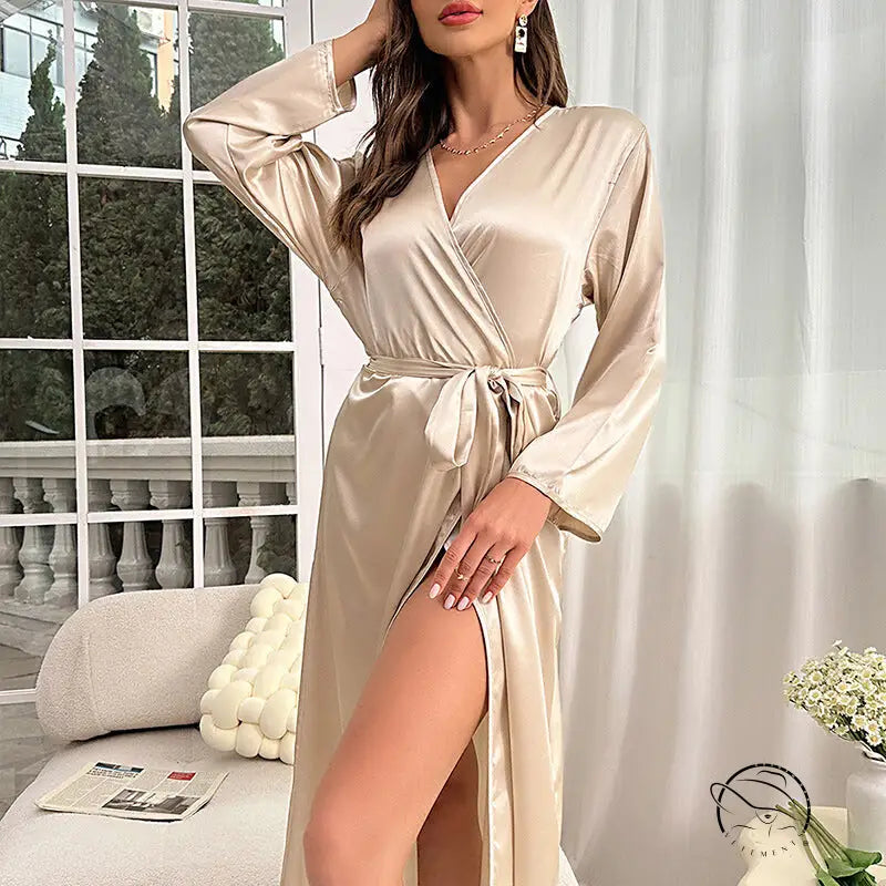 Elegant beige langry fashion silk nightgown with long sleeves and high slit