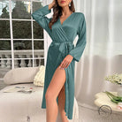 Teal satin langry fashion dress with long sleeves and high slit