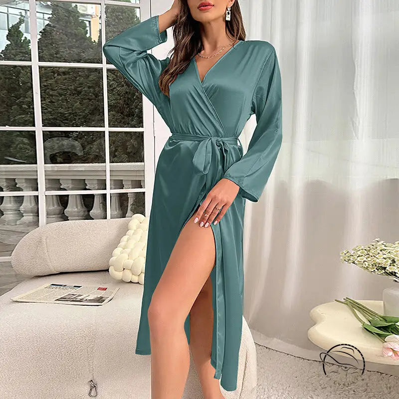 Teal satin langry fashion dress with long sleeves and high slit