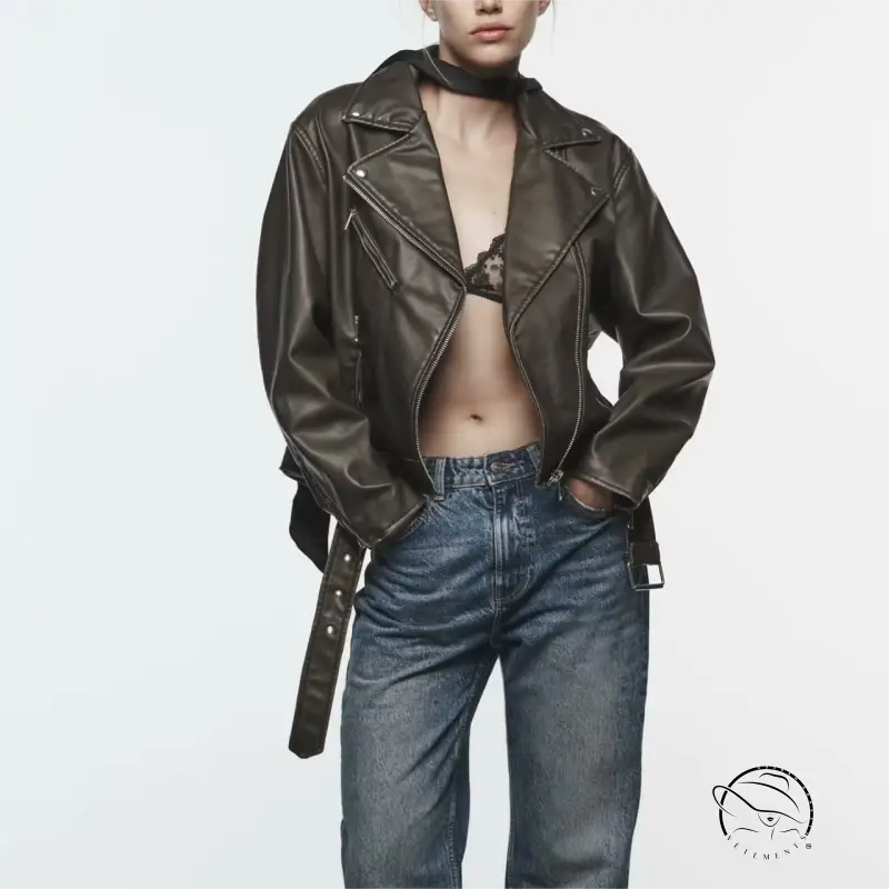 Olive green leather jacket with hood and silver hardware for langry fashion