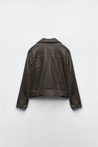 Beautiful warm olive green Langry leather jacket with black stitching