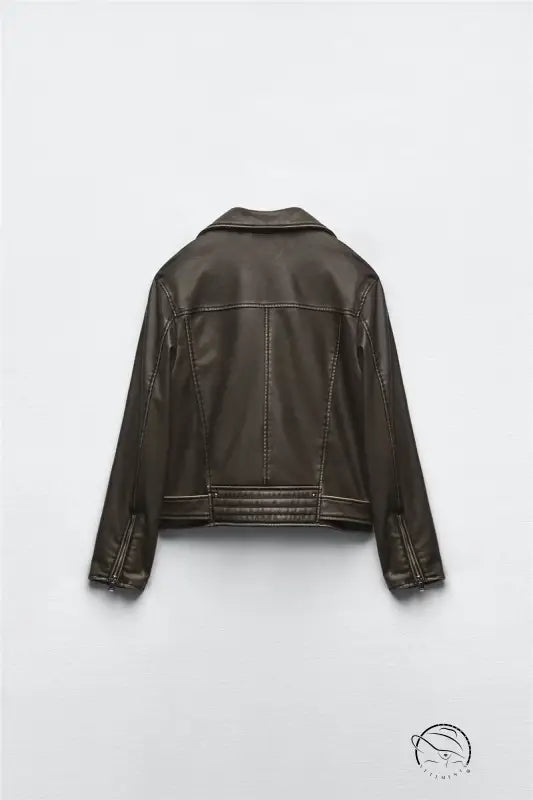 Beautiful warm olive green leather jacket with black stitching and buttons