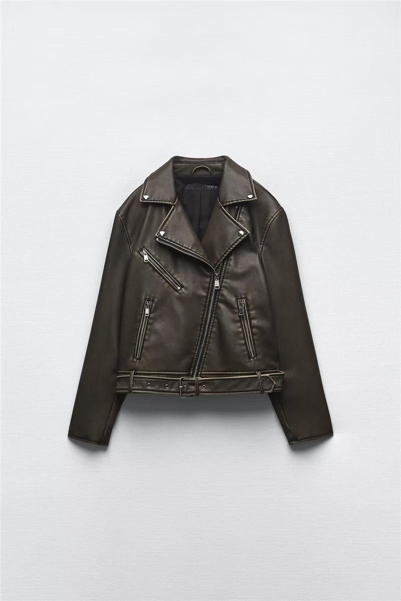 Olive green faux leather jacket with silver hardware and black lining