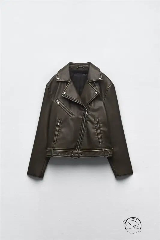 Olive green faux leather jacket with silver hardware