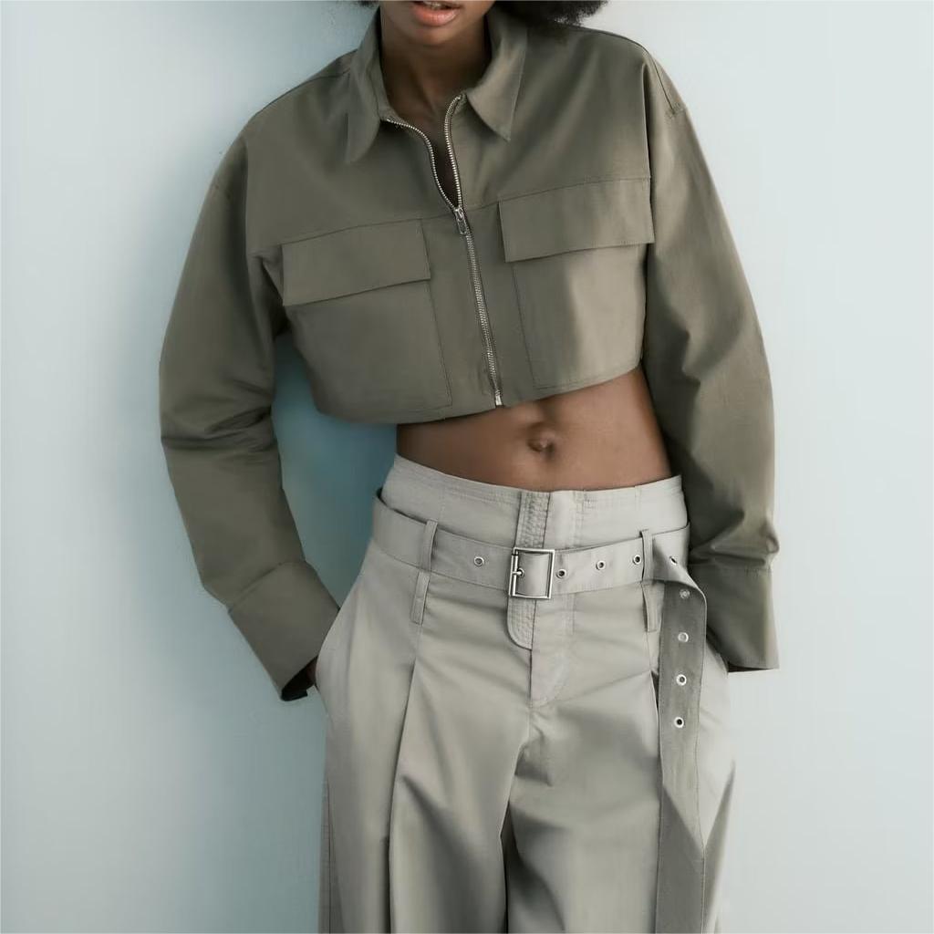 Langry fashion khaki utility jacket with zipper pockets and high-waisted pants
