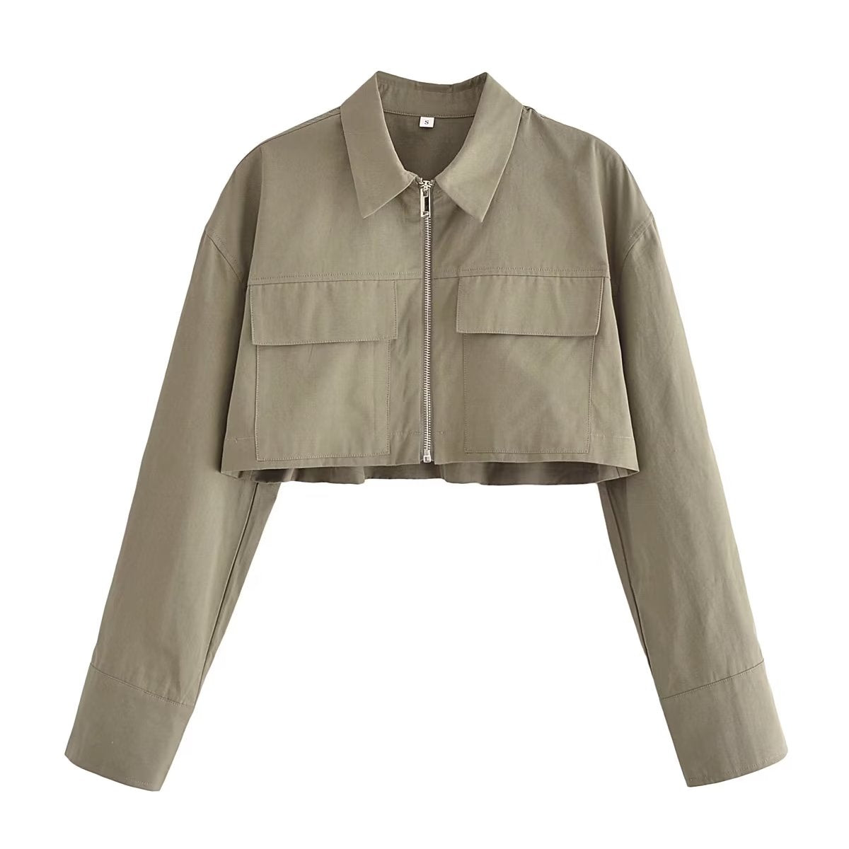 Langry fashion khaki cropped jacket with zipper and pockets, loose windbreaker shirt