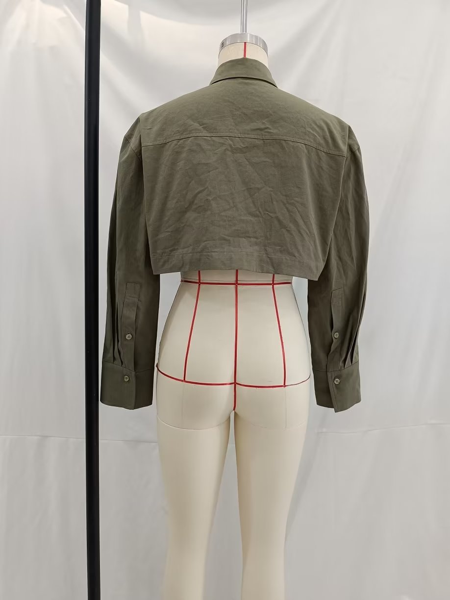 Langry olive green cropped jacket with red stitching and button details in loose windbreaker fabric short shirt, fashion ملابس
