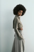 Beige cropped langry utility jacket in loose windbreaker fabric