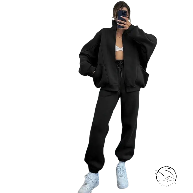 Black comfy stand collar cardigan sweater suit with oversized hoodie and joggers