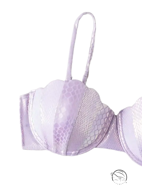 Lavender seashell-shaped bikini top in shimmering textured mesh and satin fabric from Seashells sexy bikini by Langry
