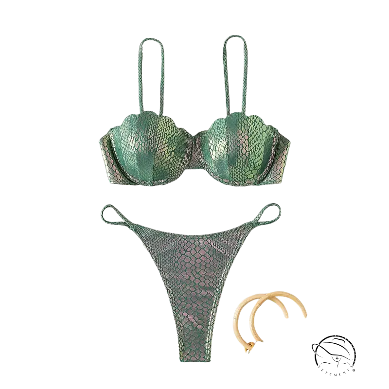 Emerald green seashells sexy bikini with mermaid scales and metallic shimmer