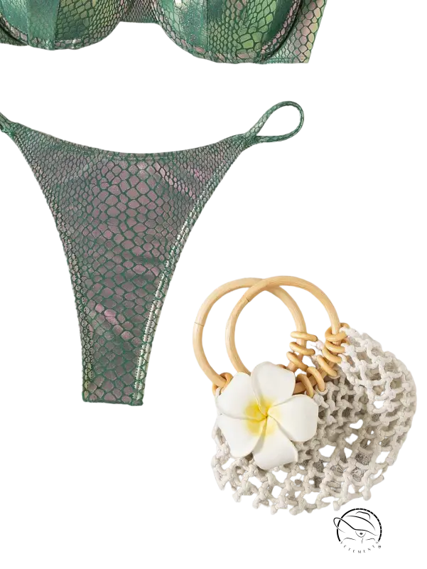 Delicate green Seashells sexy bikini with shimmer and scale pattern