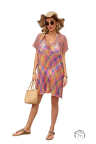 Vibrant summer rainbow stitching blouse in colorful geometric mesh