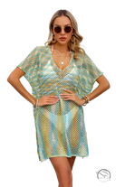 Vibrant multi-colored mesh blouse summer rainbow stitching with v-neck and short sleeves