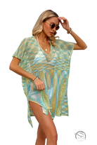Vibrant beach cover-up blouse in summer rainbow stitching with turquoise and yellow hues