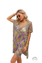 Vibrant multicolored summer rainbow stitching blouse with V-neck and short sleeves