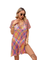 Vibrant multicolored mesh blouse summer rainbow stitching with v-neck and short sleeves