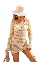Beige crochet knit summer beach blouse with V-neckline and long sleeves